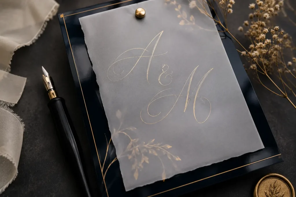 Vellum Overlay for Calligraphy on Modern Lacquered Wedding Invitations