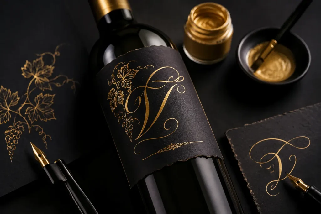 How to Make a Wine Bottle Label with Gold Calligraphy on Black Paper