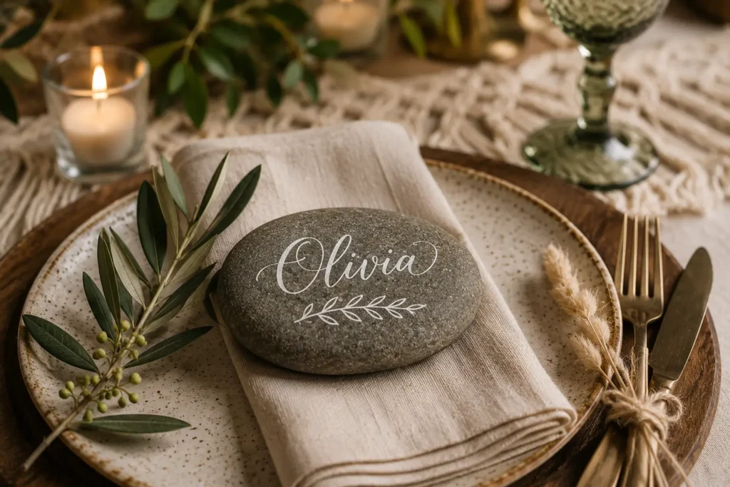 River Stone Place Cards with White Calligraphy